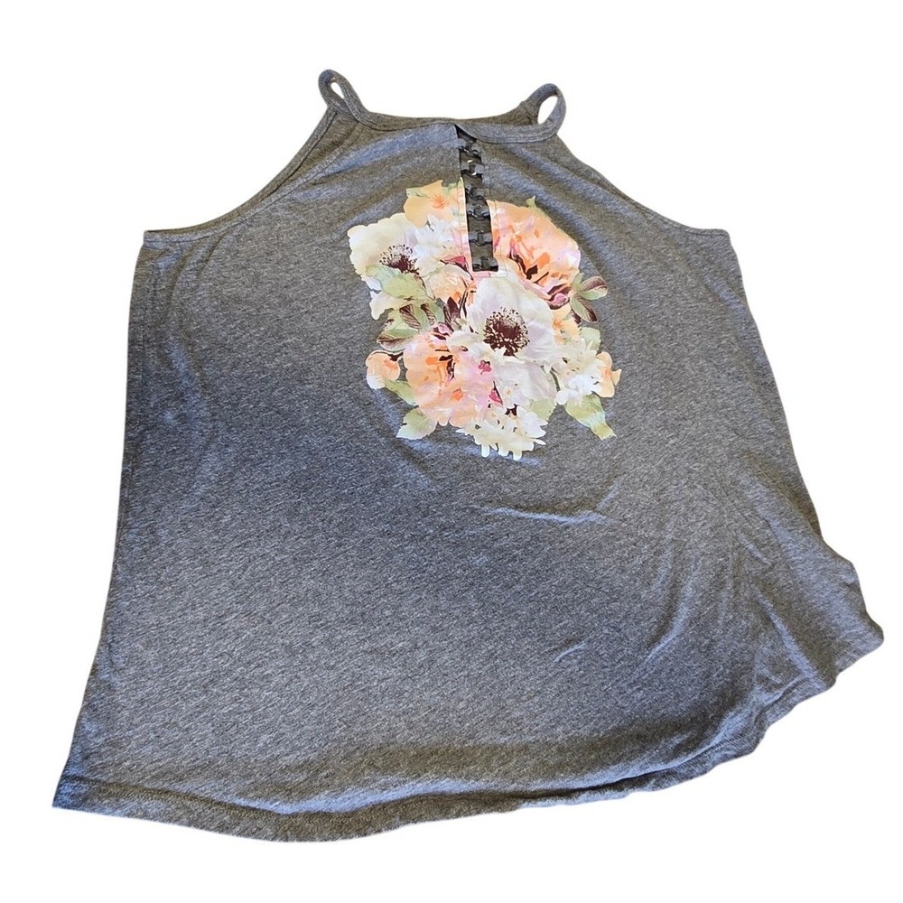 Torrid Womens Grey Floral Graphic Halter Tank Top Ring Ladder Detail Size 2 2X
